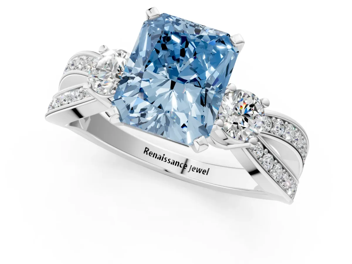 Fancy Blue Three-Stone Radiant Cut Cut Diamond Twist Band with Prong Setting Platinum