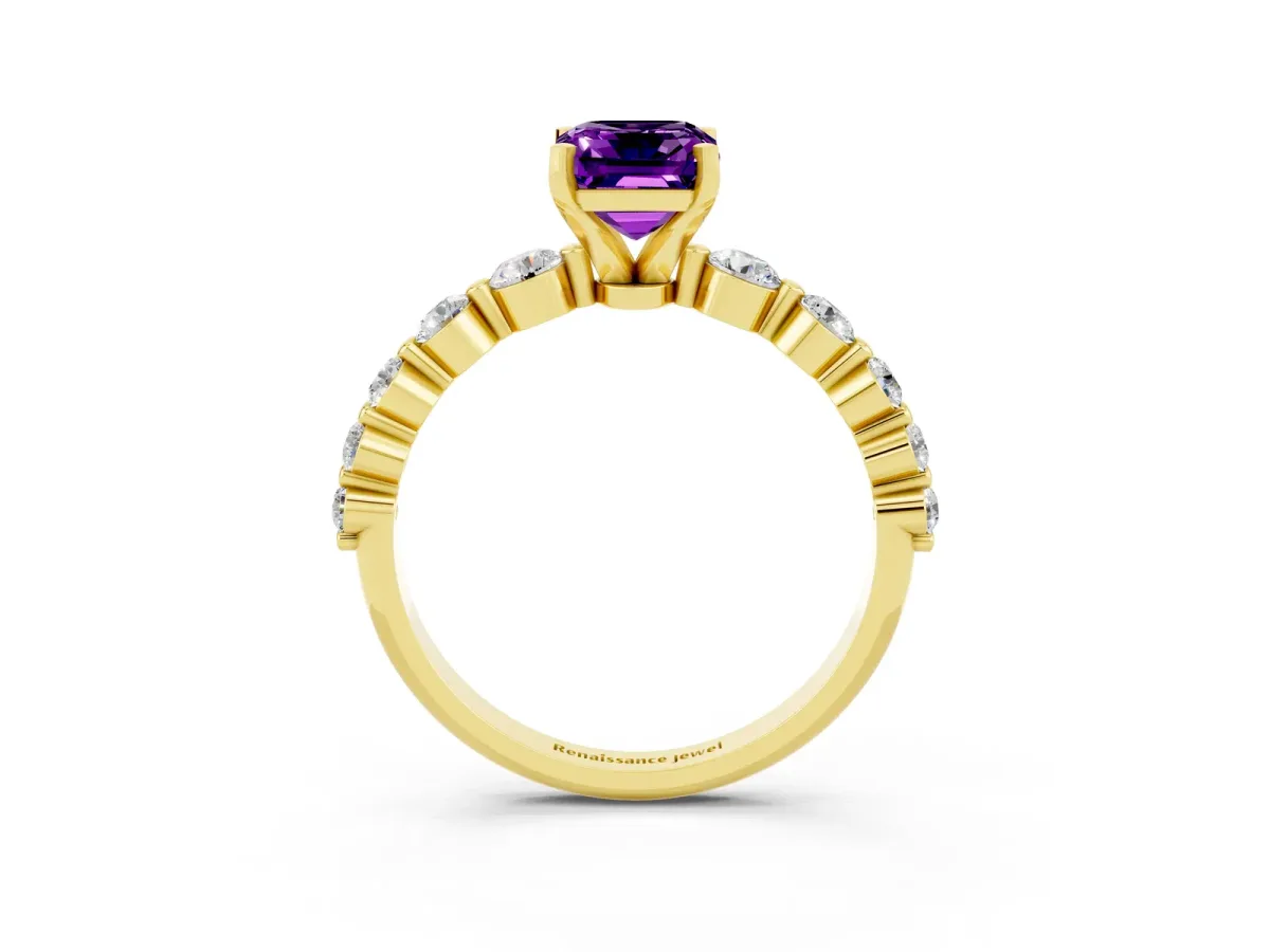 Emerald Cut Solitaire Amethyst Ring with Pave Band and Four-Prong Setting Yellow gold