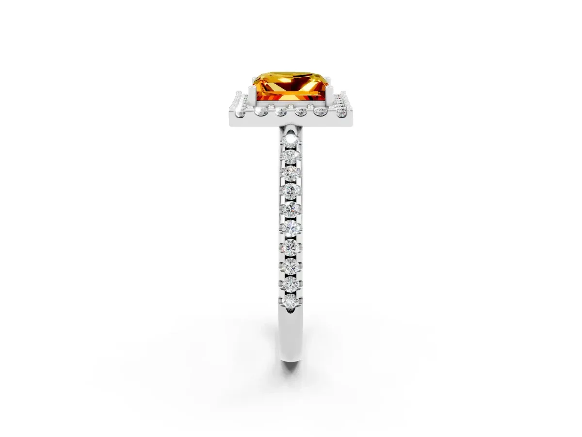 Princess Cut Citrine Pavé Halo Ring with Four-Prong Setting White gold