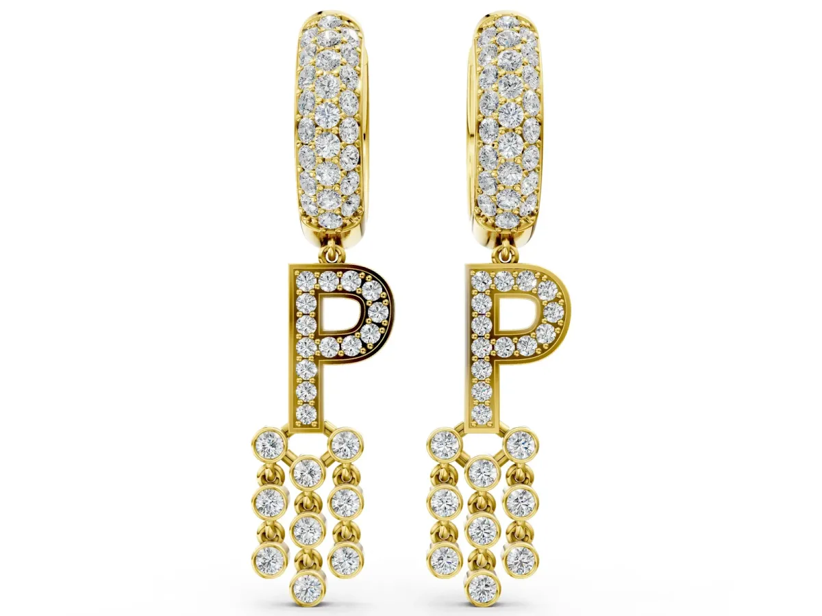 Round Diamond Initial P Huggie Hoop Earrings Yellow gold