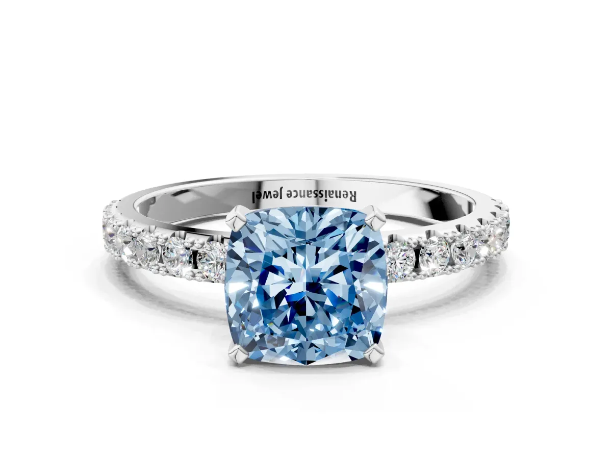 Fancy Blue Cushion Cut Diamond Solitaire Pavé Band with Four-Prong Setting Silver