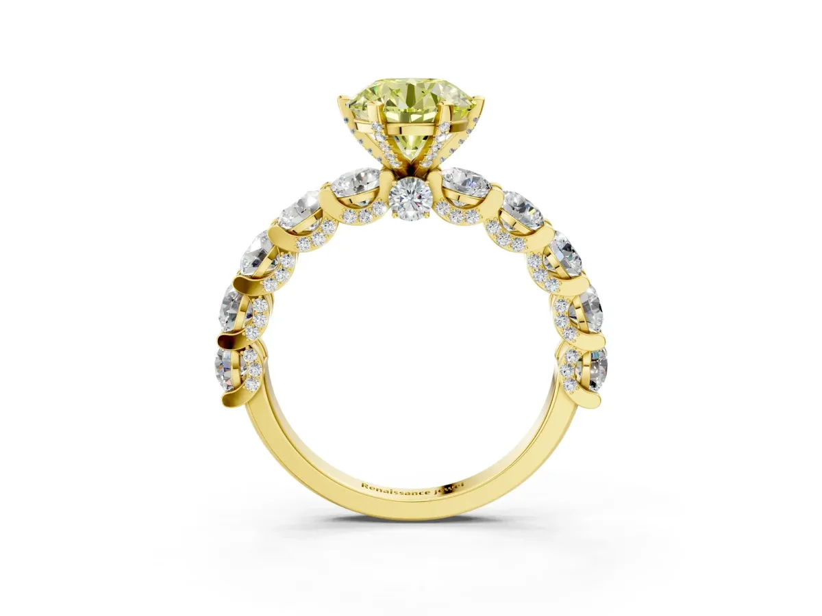 Fancy Yellow Round Cut Diamond Side Stone Engagement Ring with Four-Prong Setting Yellow gold