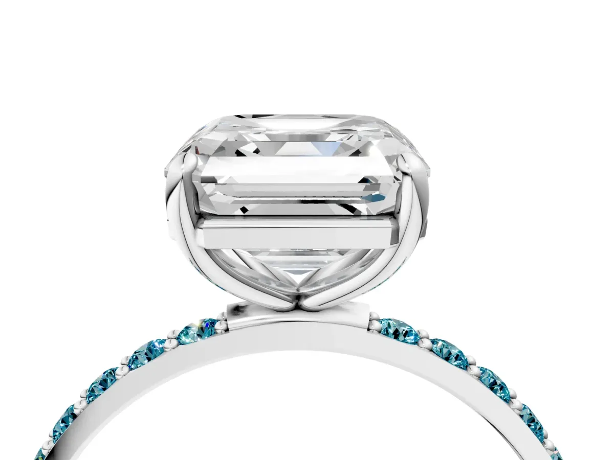 Asscher Cut Diamond Solitaire Ring with Round Blue Topaz Pavé Band and Prong Setting Silver