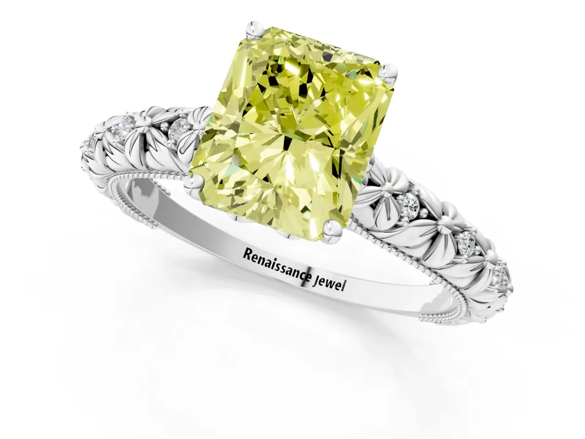 Fancy Yellow Radiant Cut Solitaire Floral Milgrain Engagement Ring Platinum