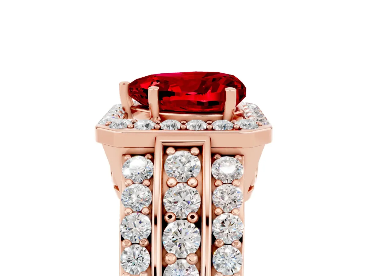 Heart Cut Halo Ruby Ring with Round Split Shank and Prong Setting Rose gold