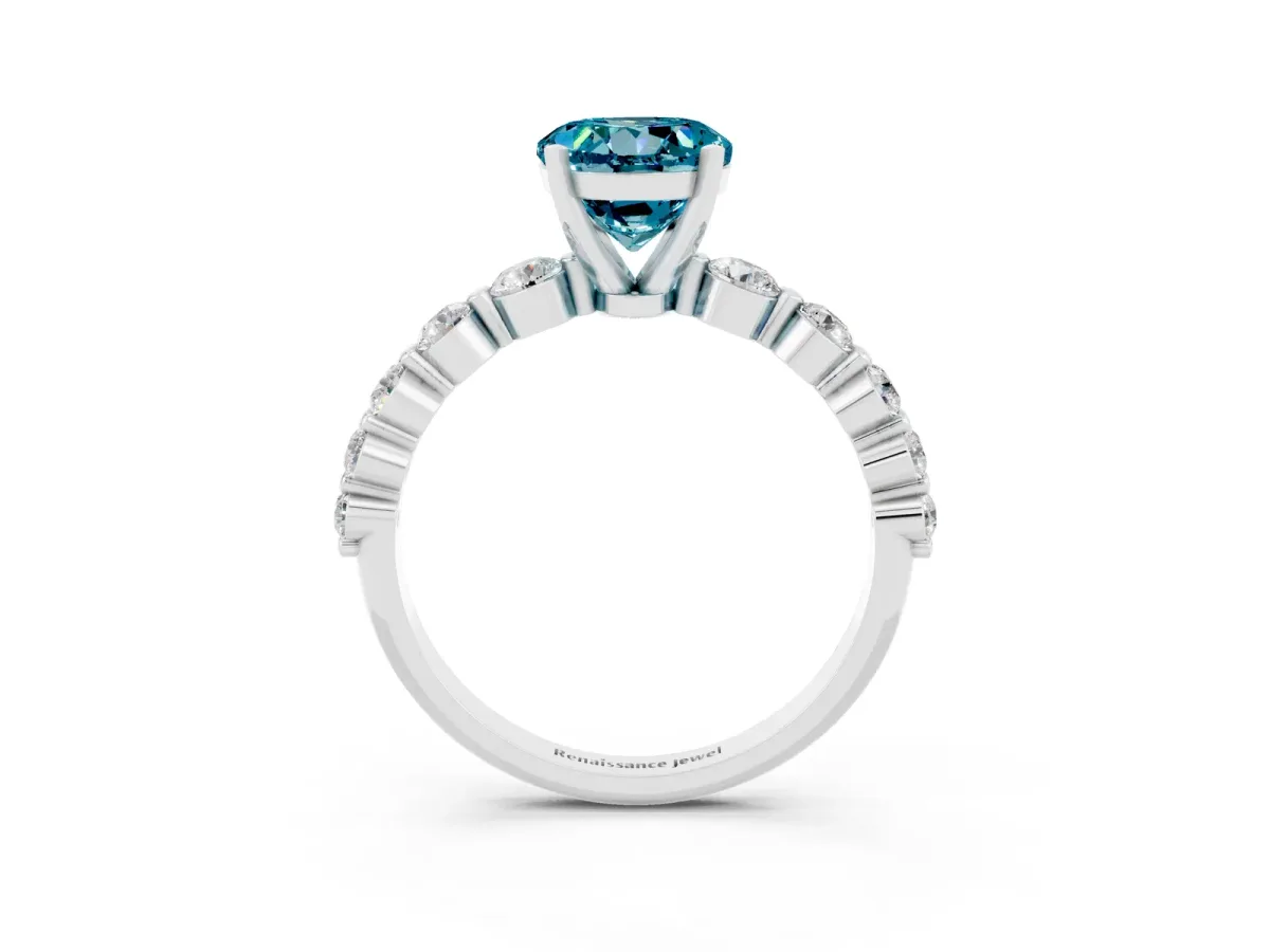 Round Cut Solitaire Blue Topaz Ring with Pave Band and Four-Prong Setting Silver