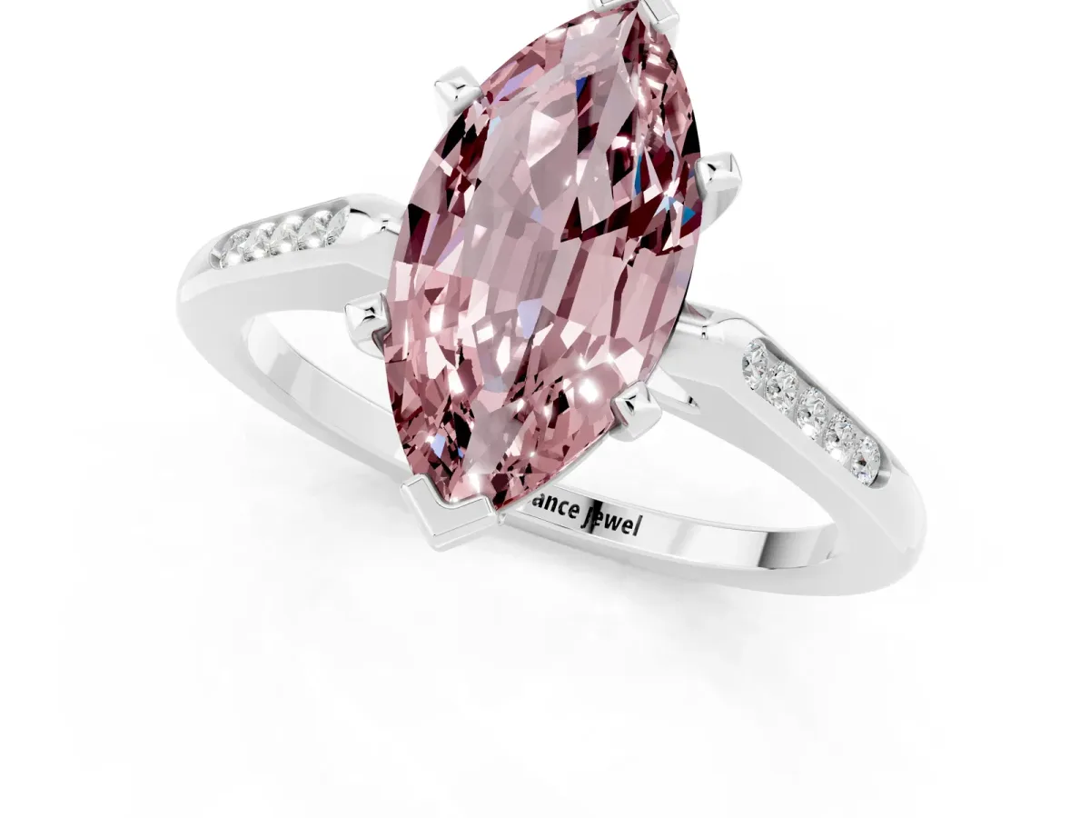 Marquise Cut Morganite Solitaire Ring with Channel Set Round Band and Prong Setting Silver
