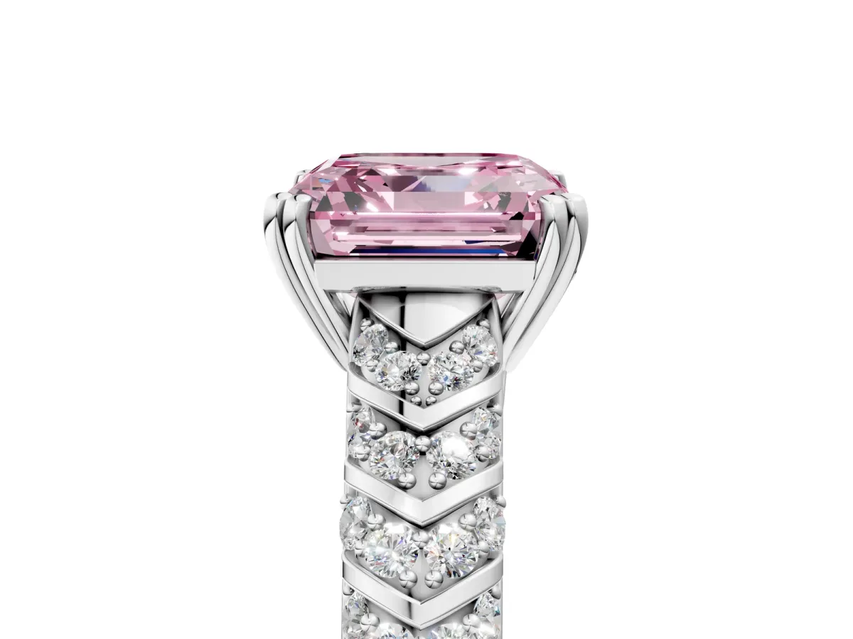 Fancy Pink Asscher Cut Solitaire Chevron Pave Diamond Engagement Ring with Six-Prong Setting Platinum