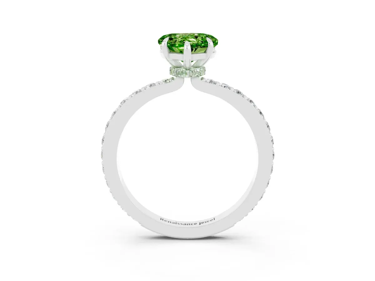 Heart Cut Peridot Pavé Engagement Ring with Round Accents and Prong Setting Silver