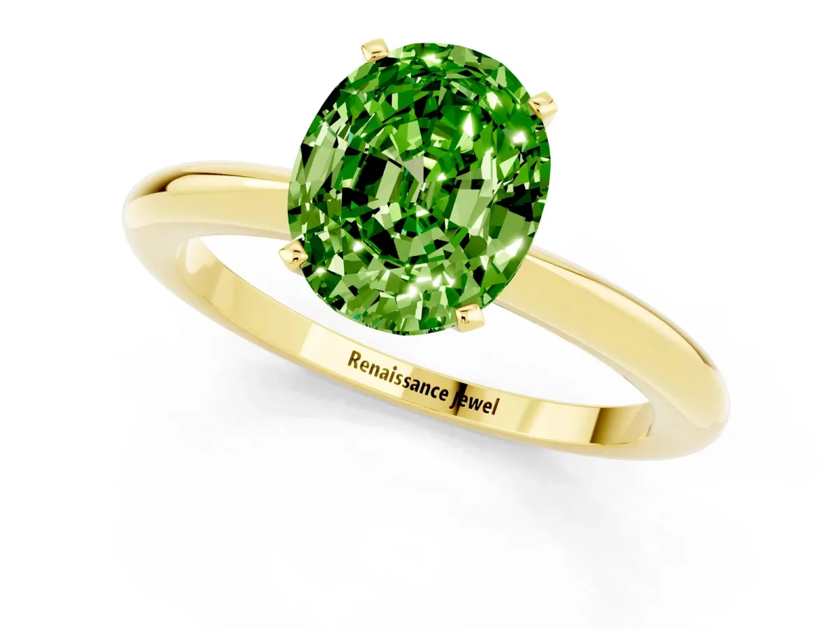 Oval Cut Peridot Solitaire Ring with Six-Prong Setting and Classic Band Yellow gold
