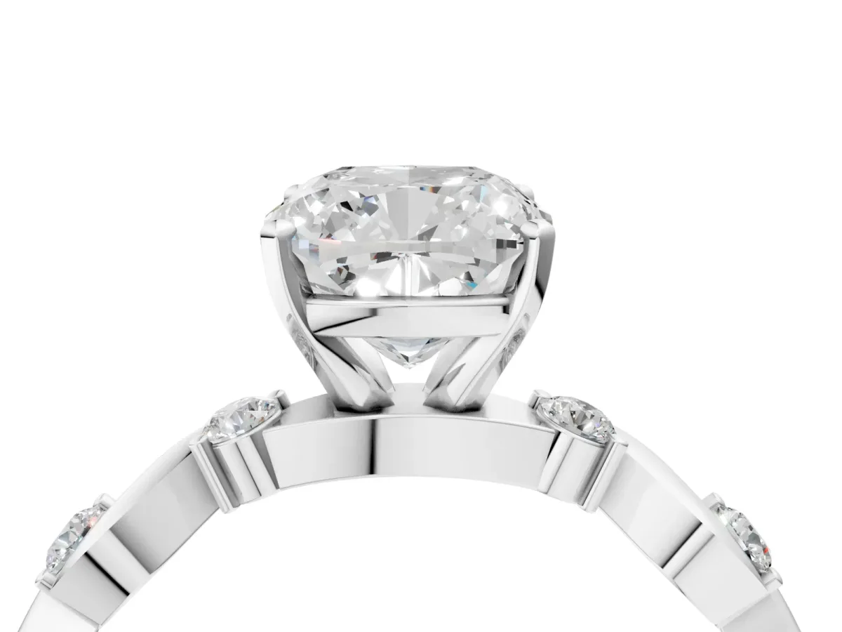 Cushion Cut Diamond Solitaire Twisted Band with Round Accents and Prong Setting Silver