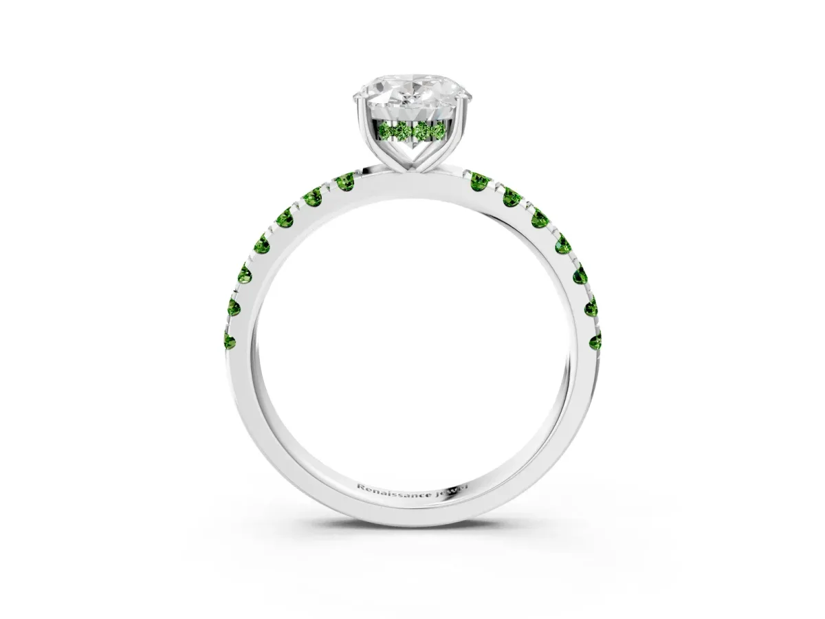 Oval Cut Diamond Pave Band Solitaire Ring with Round Peridot and Prong Setting Platinum