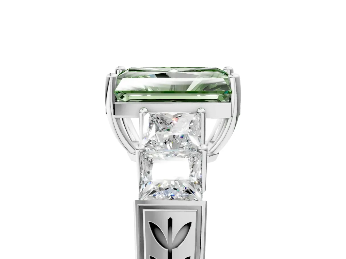 Fancy Green Radiant Cut Solitaire Princess Side Stone Engraved Band Prong Setting Ring Silver