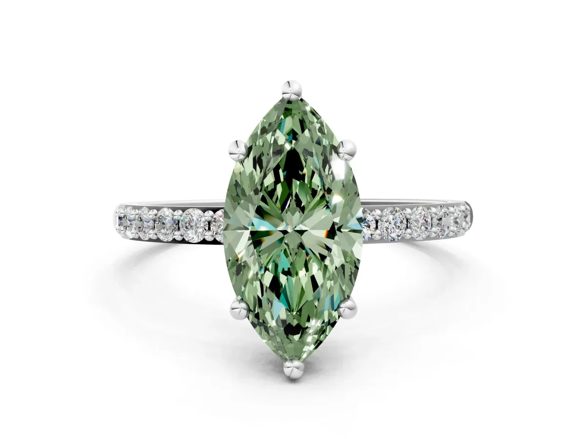 Fancy Green Marquise Cut Diamond Solitaire Ring with Round Pavé Band and Prong Setting Silver