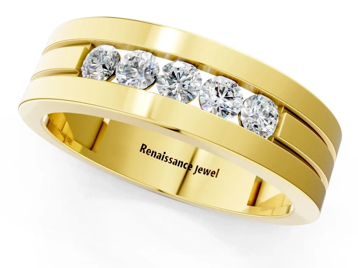 Round Diamond Five-Stone Channel Set Mens Band Yellow gold