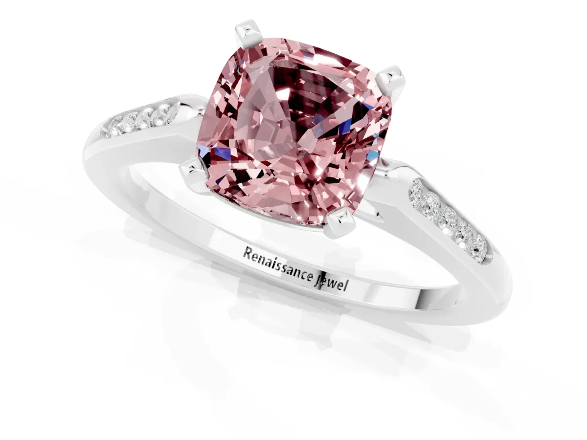 Cushion Cut Morganite Solitaire Ring with Channel Set Round Band and Prong Setting Silver