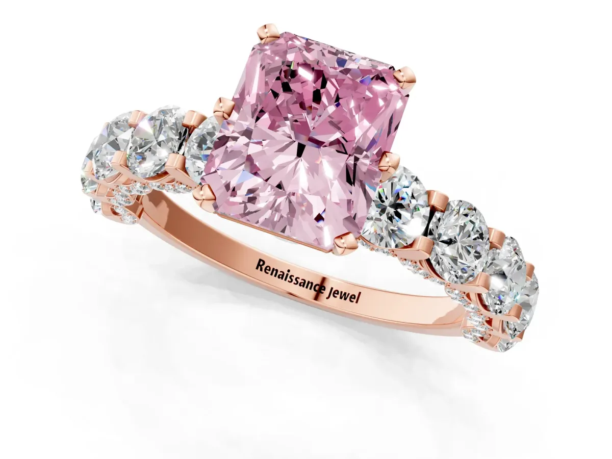 Fancy Pink Radiant Cut Diamond Side Stone Engagement Ring with Four-Prong Setting Rose gold