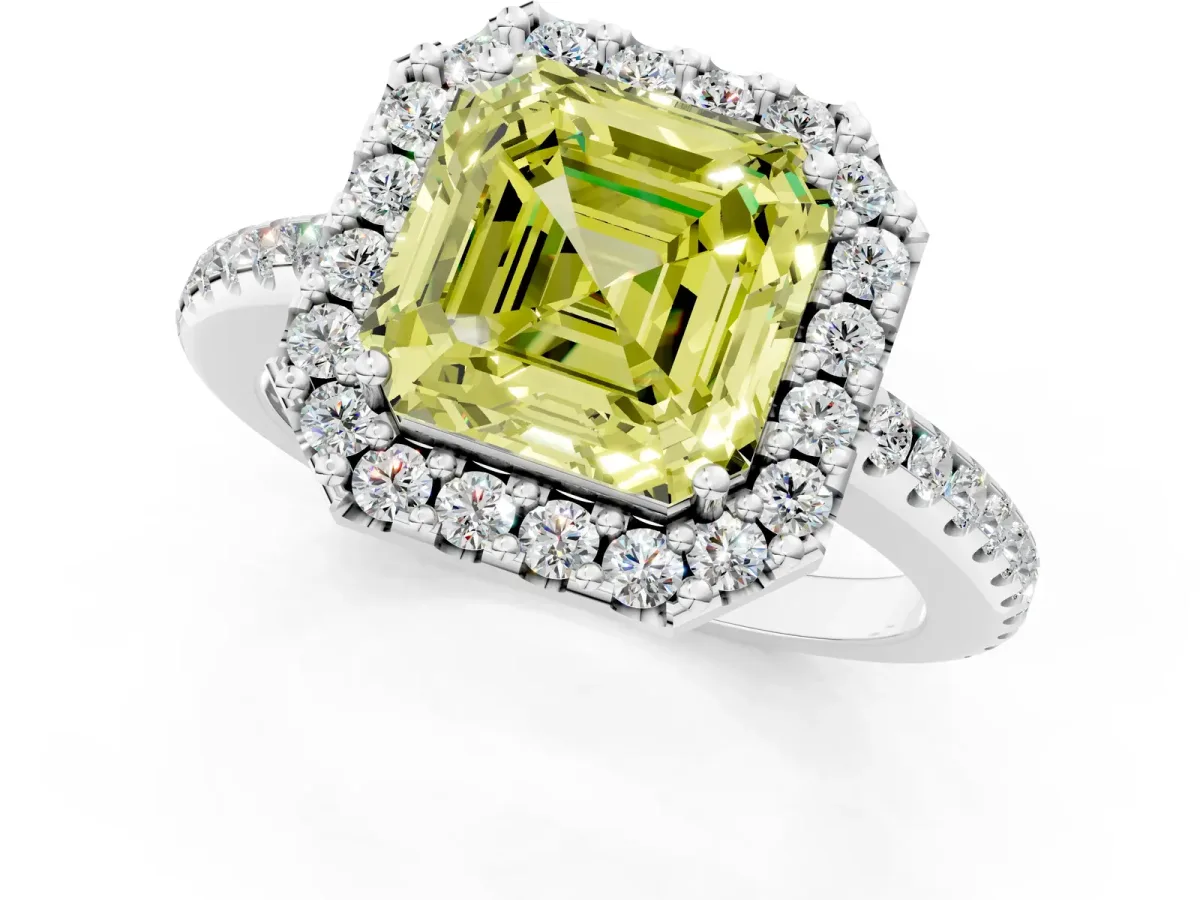 Fancy Yellow Asscher Cut Diamond Pavé Halo Ring with Four-Prong Setting Platinum