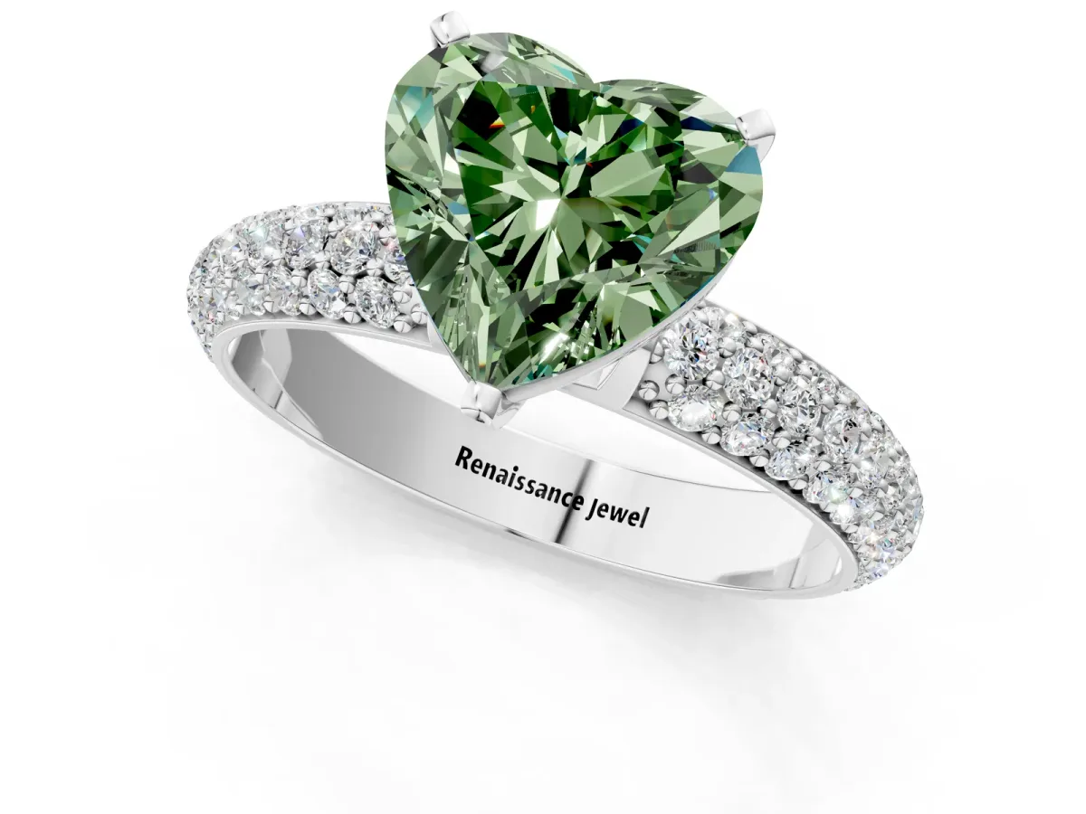Fancy Green Heart Cut Diamond Solitaire Ring with Prong Setting and Pavé Band Platinum