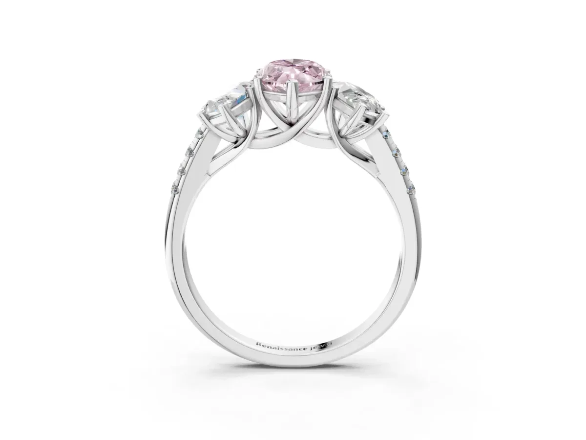 Fancy Pink Three-Stone Marquise Cut Diamond Ring with Round Pavé Band and Prong Setting Silver