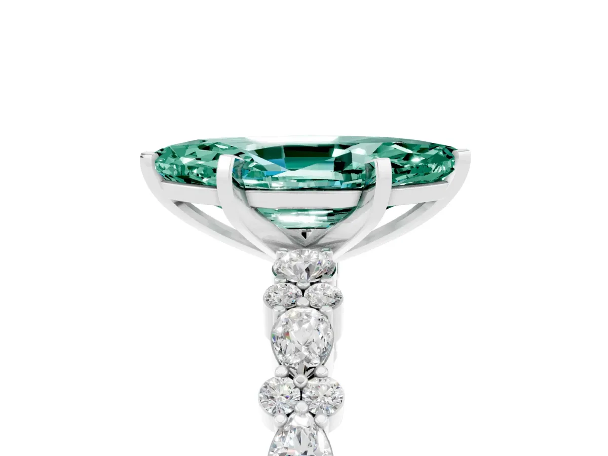 Marquise Cut Green Sapphire Side Stone Solitaire Ring with Round and Four-Prong Setting Platinum
