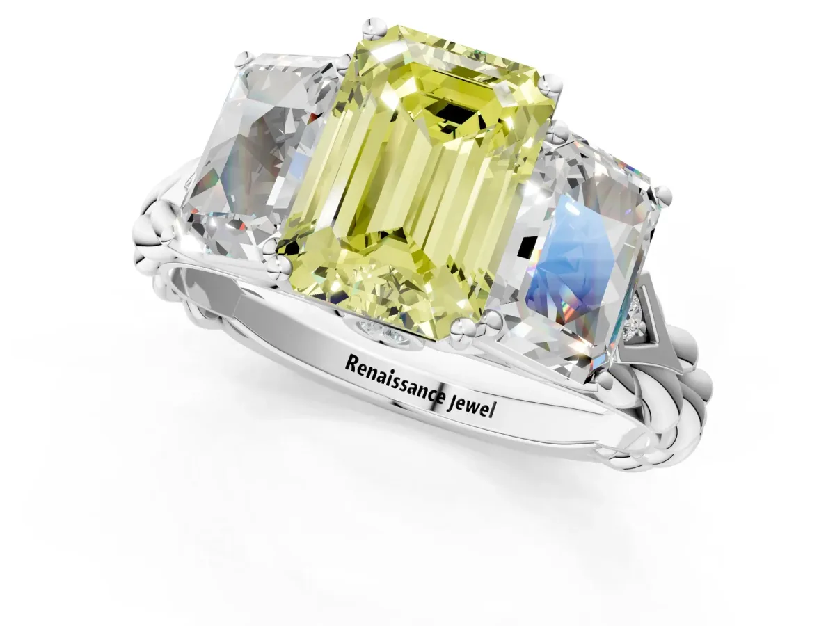 Fancy Yellow Three-Stone Emerald Cut Diamond Braided Band Ring with Four-Prong Setting Silver