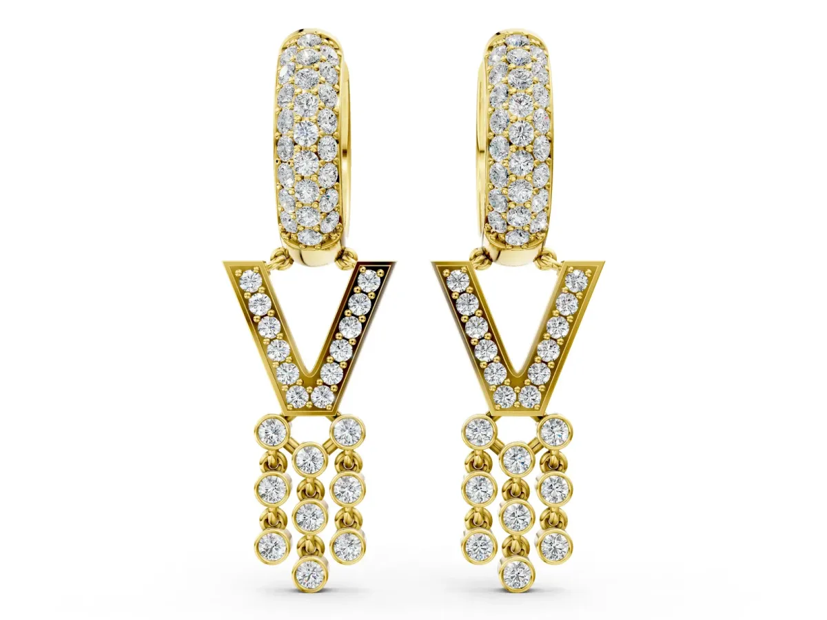 Round Diamond Initial V Huggie Hoop Earrings Yellow gold
