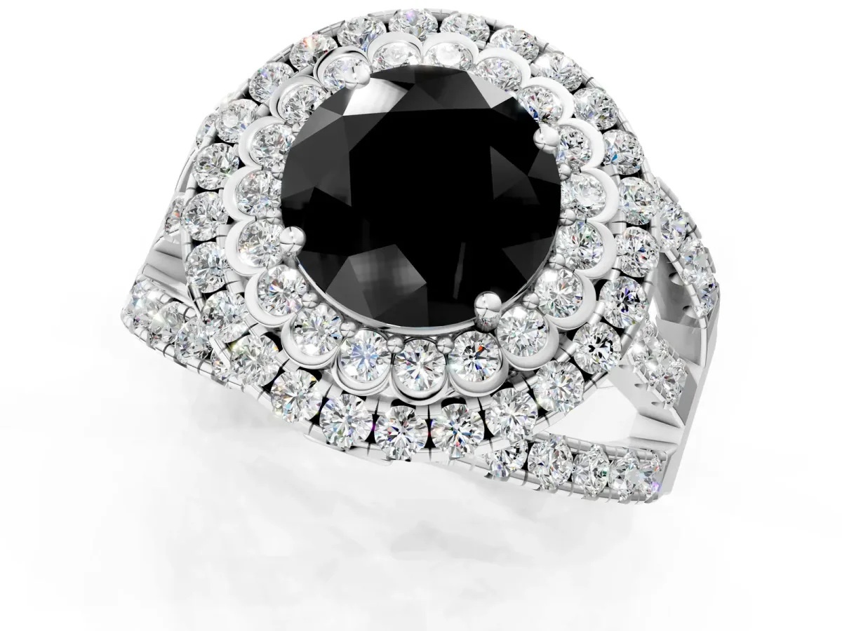 Fancy Black Round Cut Diamond Double Halo Ring with Round Pavé Split Shank and Prong Setting White gold