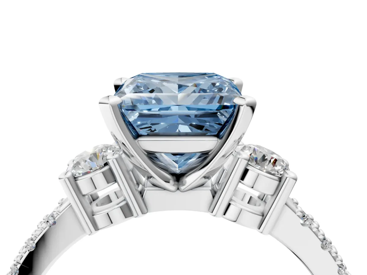 Fancy Blue Princess Cut Cut Three-Stone Diamond Pavé Band with Prong Setting Platinum