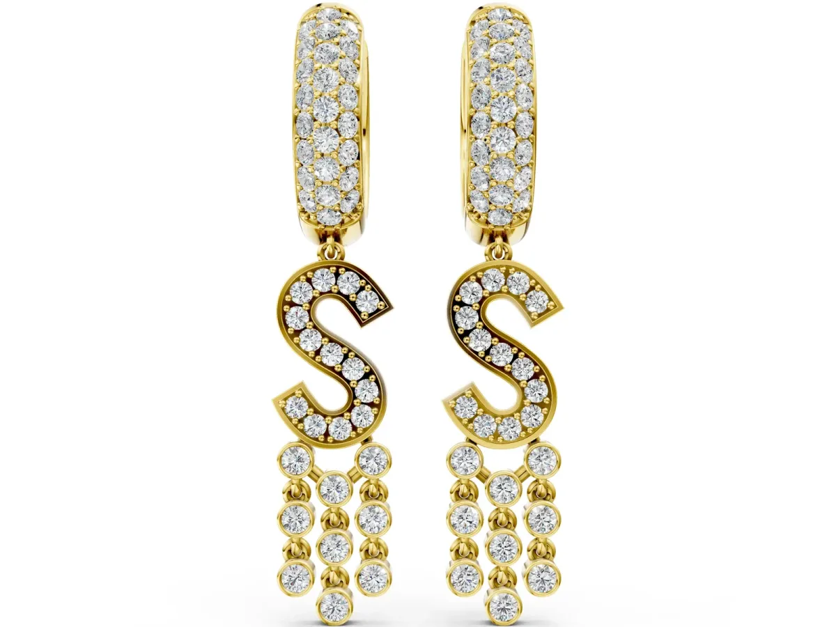 Round Diamond Initial S Huggie Hoop Earrings Yellow gold
