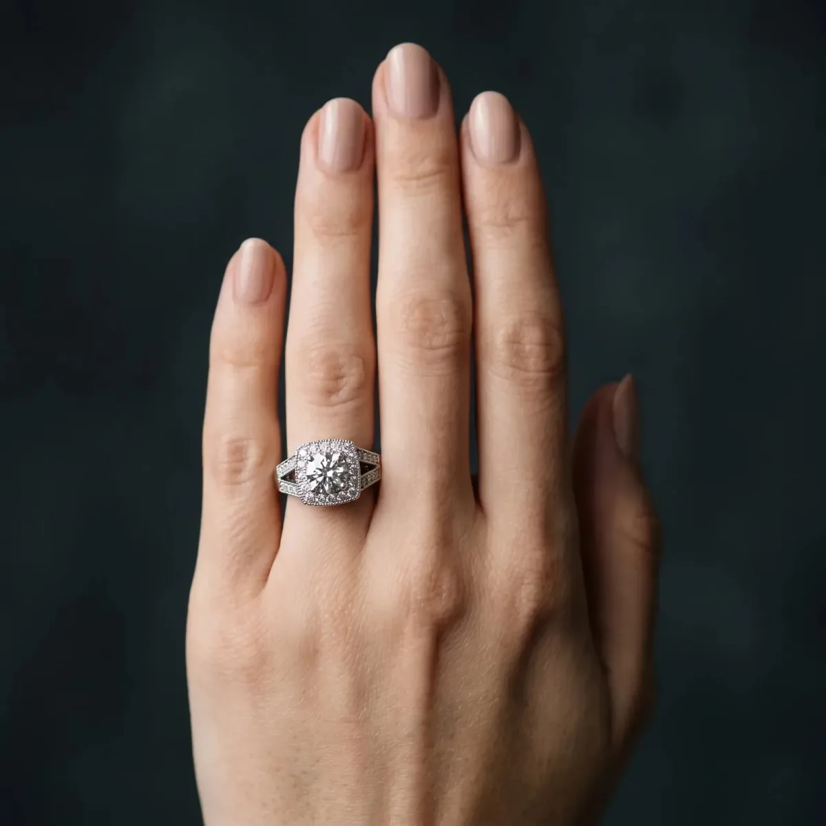 Round Cut Halo Split Shank Diamond Ring with Milgrain Prong Setting Platinum