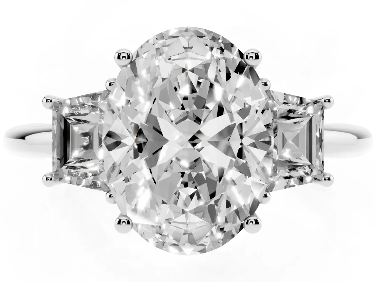 Oval Cut Diamond Three-Stone Ring with Trapezoid Side Stones and Prong Setting Silver