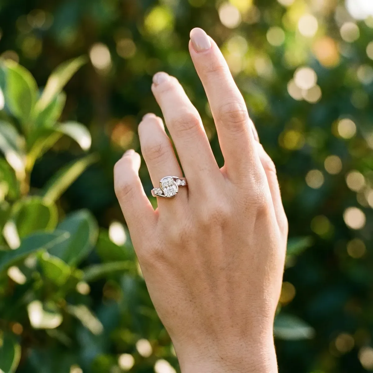 Bezel Set Radiant Cut Diamond Bypass Ring with Round Accents Silver