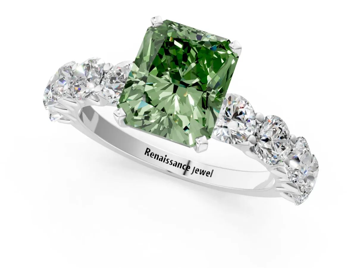 Fancy Green Radiant Cut Diamond Prong Setting with Side Stones on a Pave Band Silver