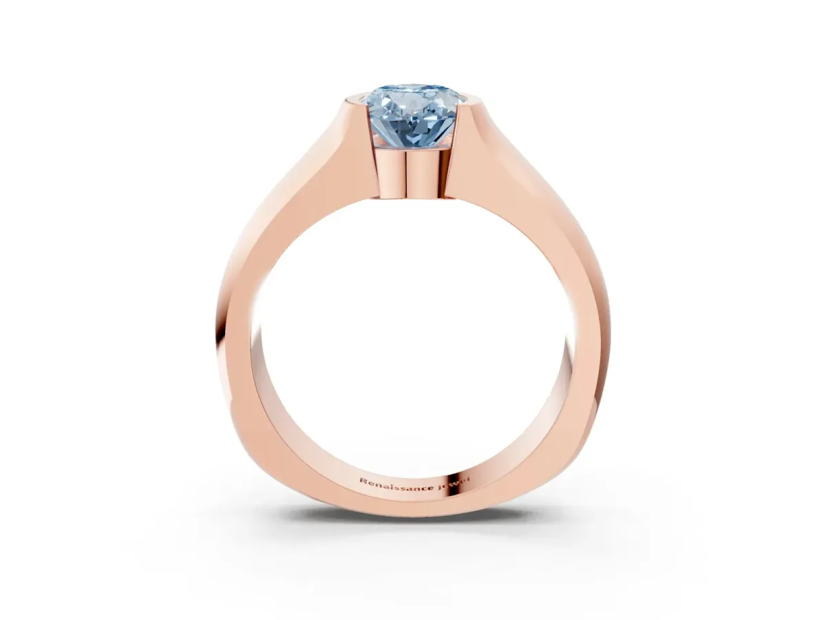Fancy Blue Oval Cut Solitaire Bezel Set Diamond Ring with Wide Band Rose gold