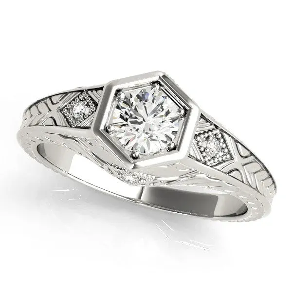 Hexagonal Bezel Marquise Cut Diamond Engraved Band Prong Ring Platinum