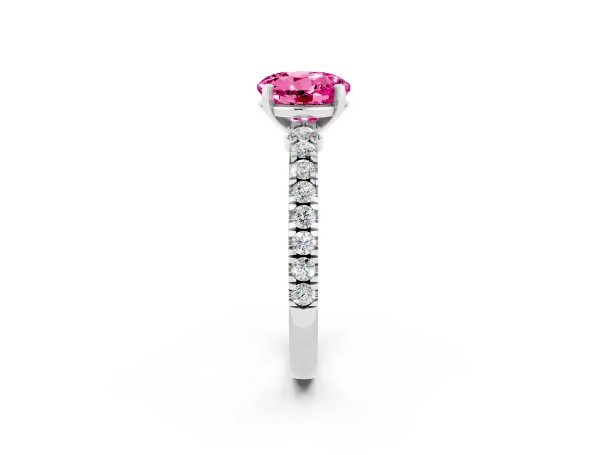 Round Cut Solitaire Pink Sapphire with Pavé Band and Four-Prong Setting Silver