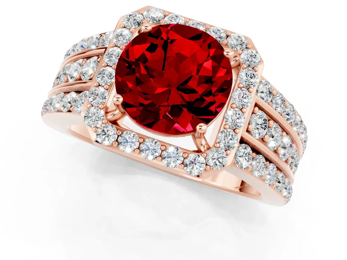 Round Cut Halo Ruby Ring with Round Split Shank and Prong Setting Rose gold