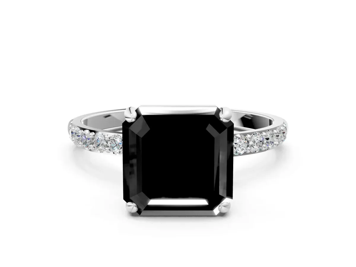 Fancy Black Asscher Cut Diamond Solitaire Ring with Round Pavé Band and Prong Setting Silver