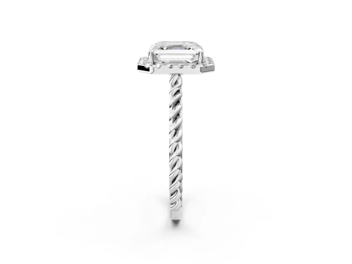 Asscher Cut Halo Twisted Band Four-Prong Diamond Ring Platinum