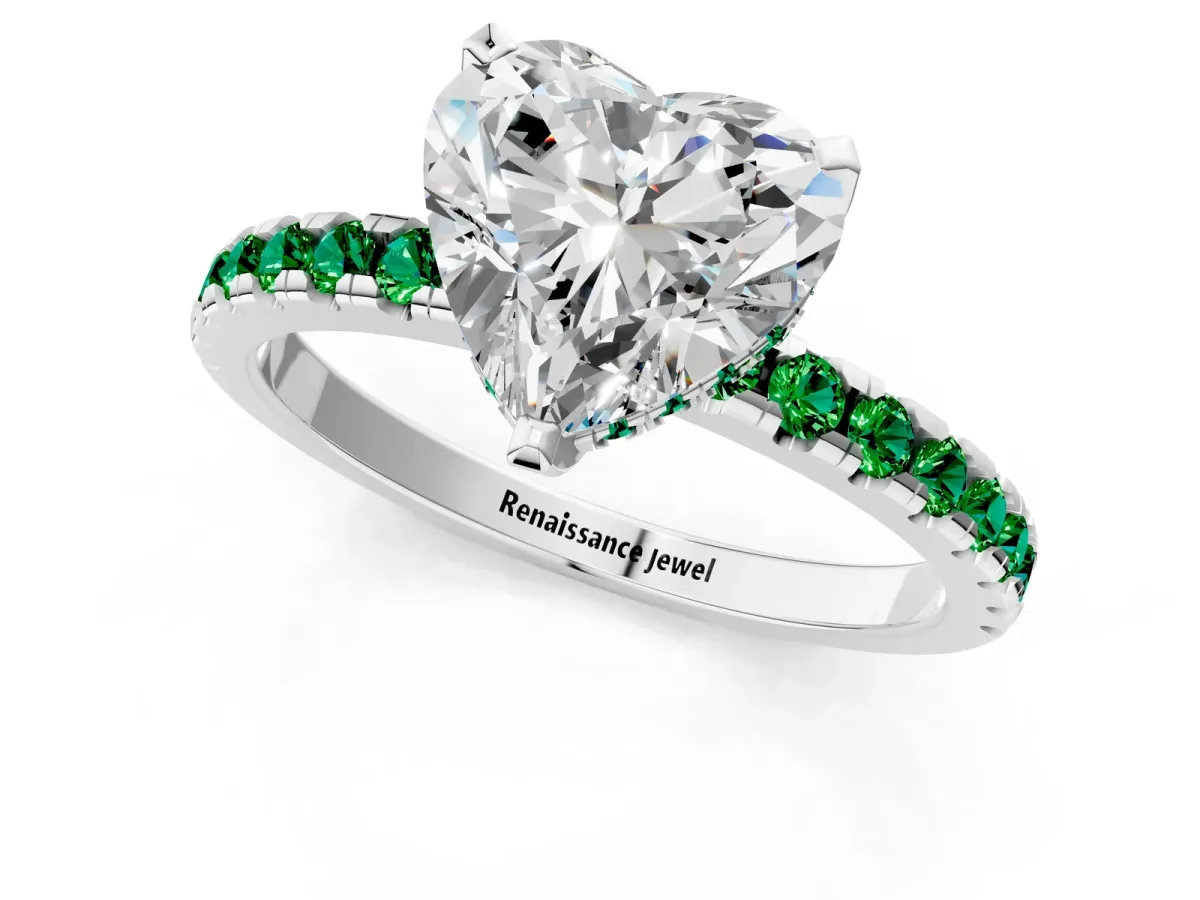 Heart Cut Diamond Solitaire Ring with Round Emerald Pavé Band and Four-Prong Setting Silver