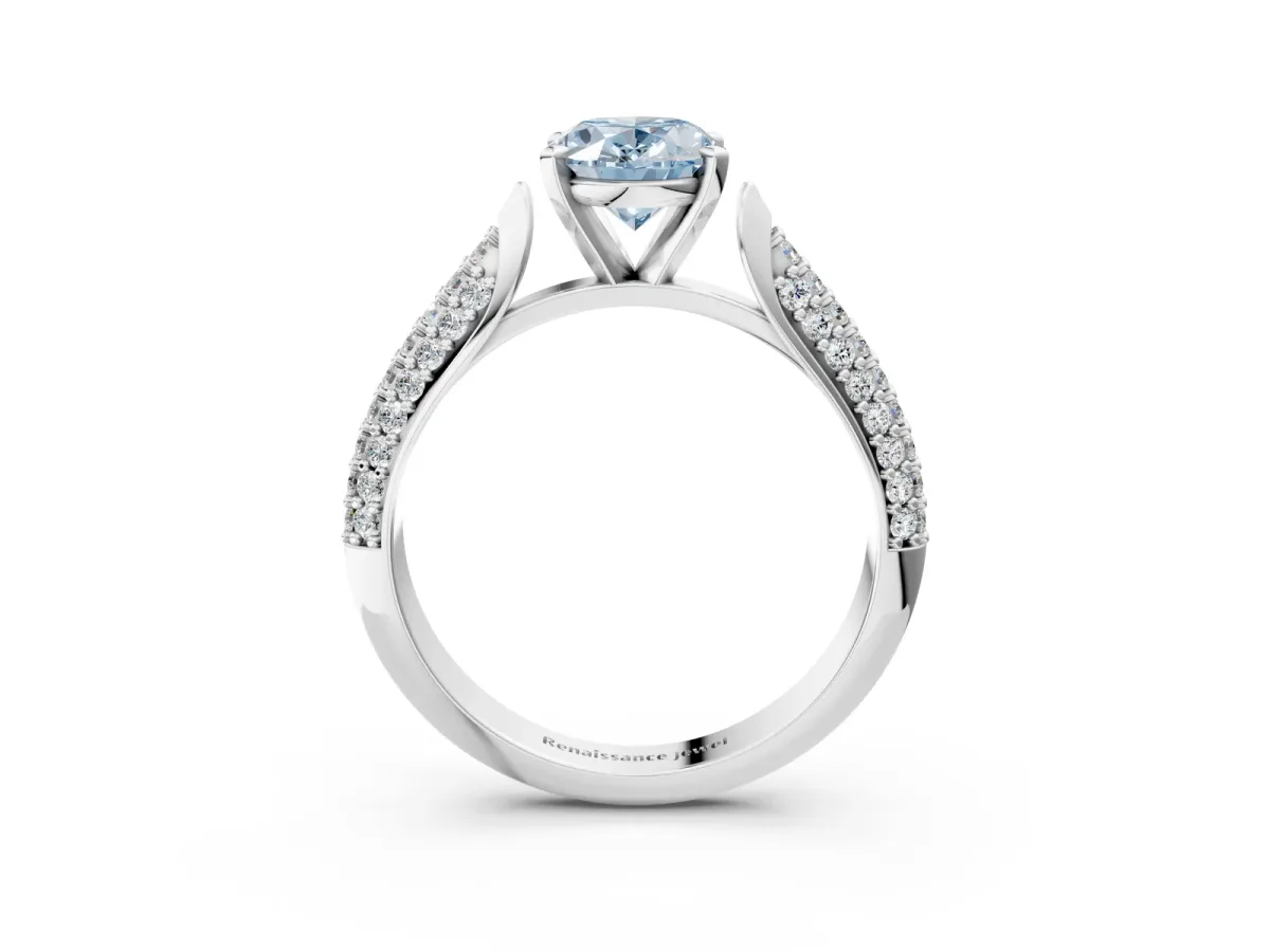 Fancy Blue Oval Cut Diamond Solitaire Engagement Ring with Multi-Row Round Pavé Band and Prong Setting Silver