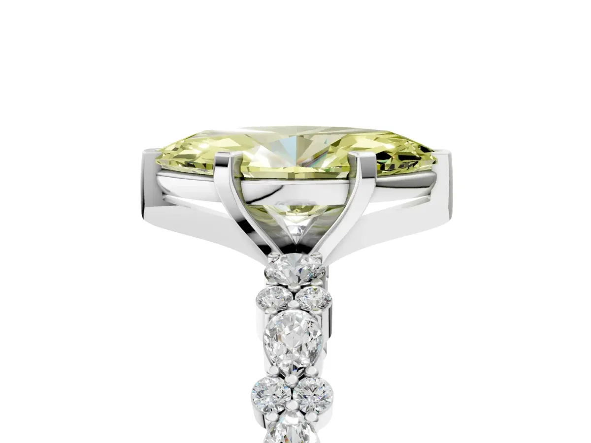 Fancy Yellow Marquise Cut Diamond Side Stone Solitaire Ring with Round and Four-Prong Setting Silver