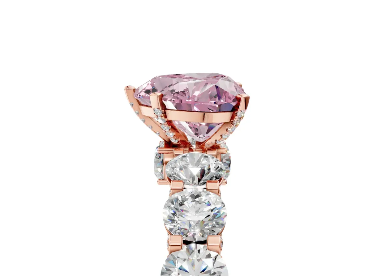 Fancy Pink Heart Cut Diamond Side Stone Engagement Ring with Four-Prong Setting Rose gold