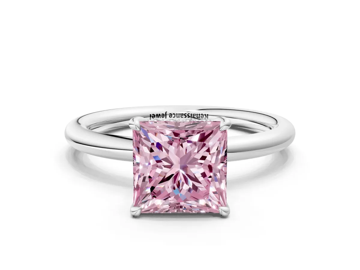 Fancy Pink Princess Cut Diamond Solitaire Ring with Thin Band and Four-Prong Setting White gold