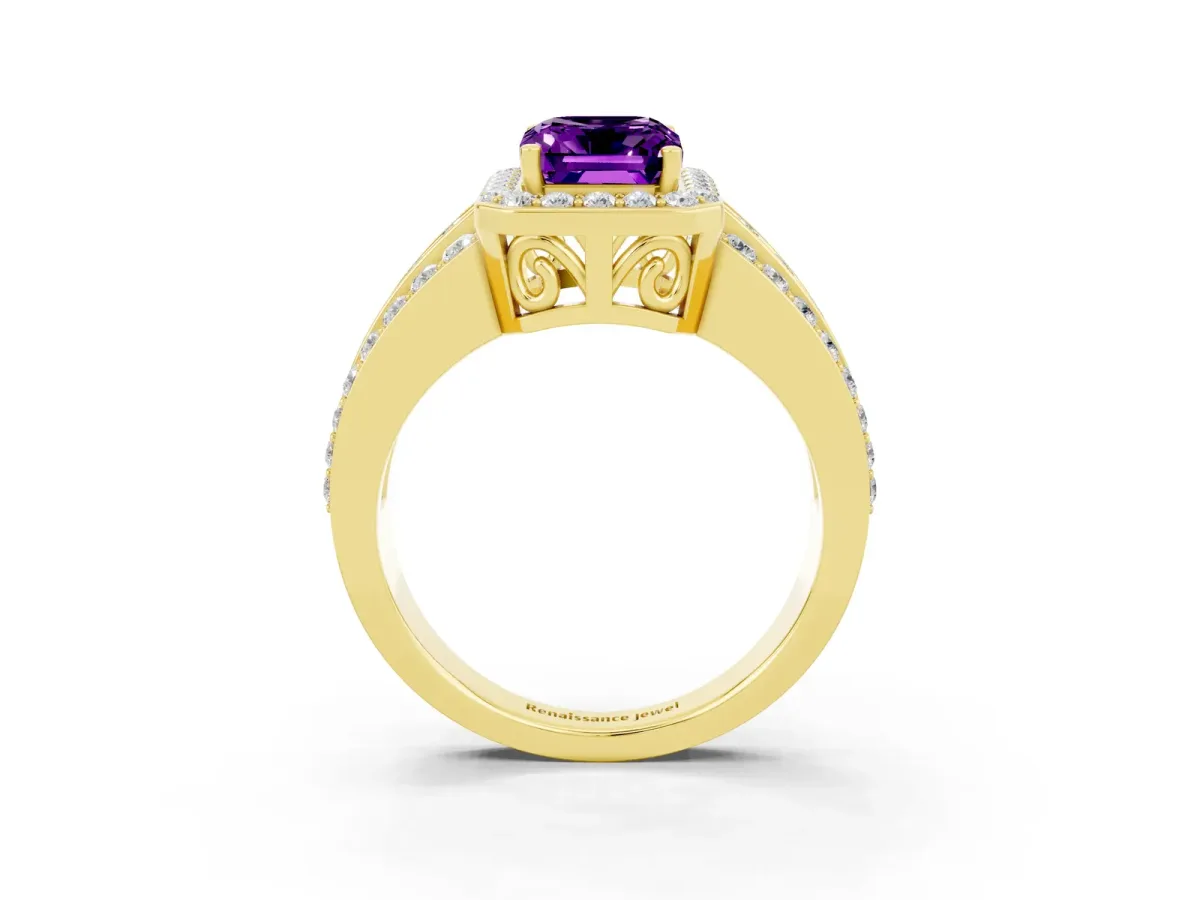 Emerald Cut Halo Amethyst Ring with Round Split Shank and Prong Setting Yellow gold