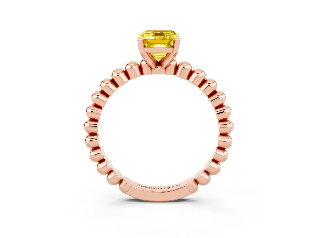 Emerald Cut Yellow Sapphire Solitaire Ring with Beaded Band and Prong Setting Rose gold