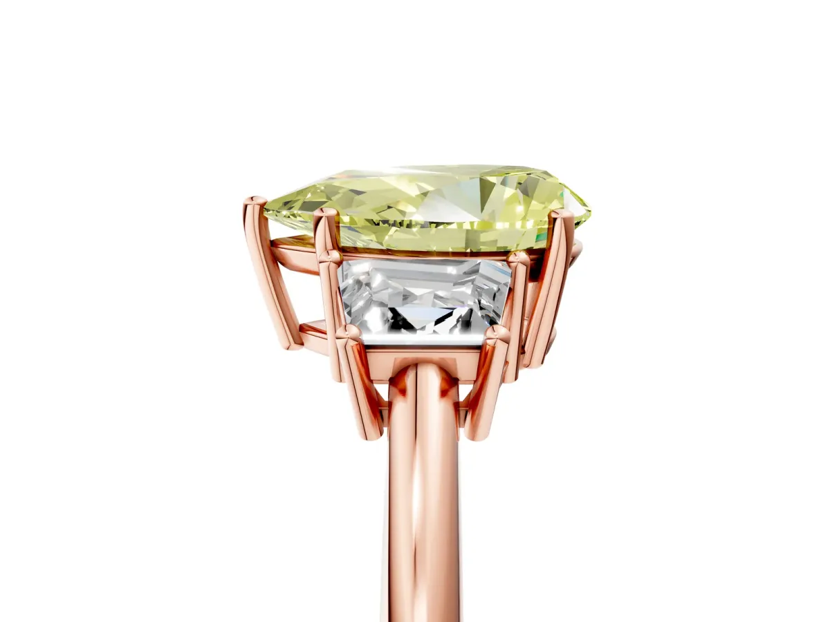 Fancy Yellow Pear Cut Diamond Three-Stone Ring with Trapezoid Side Stones and Prong Setting Rose gold
