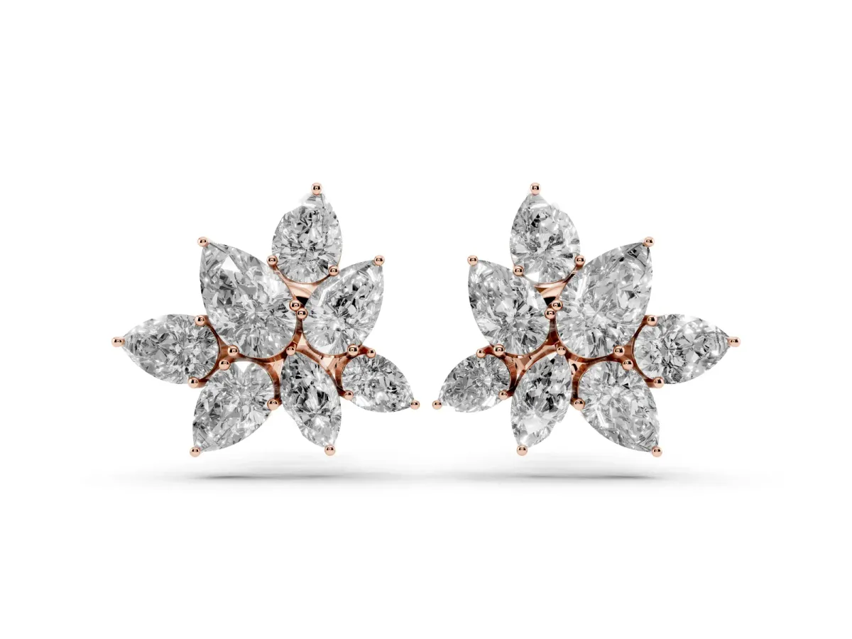 Pear and Marquise Diamond Floral Cluster Stud Earrings Rose gold