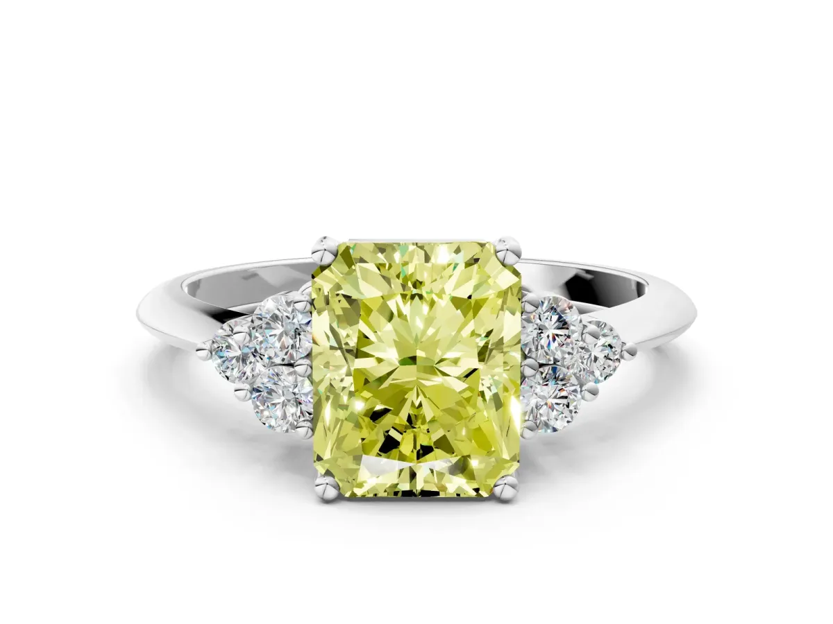 Fancy Yellow Radiant Cut Cut Diamond Cluster Ring with Solitaire Band and Four-Prong Setting Platinum